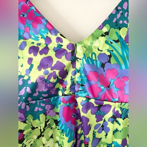 NWT Evan Picone Sleeveless Satin A-Line Dress in Green Multi Abstract - Size 14 - Picture 3 of 8
